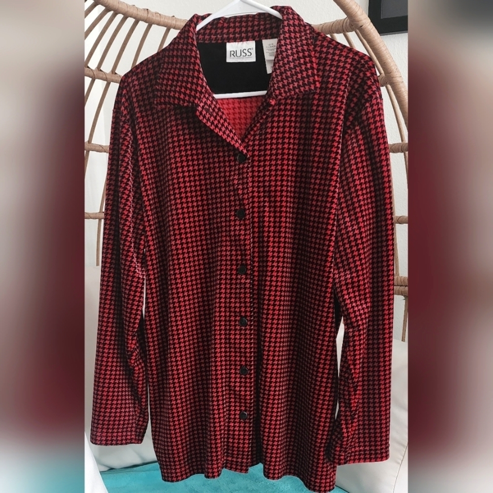 Russ By Liz Claiborne Vintage Plaid Flannel Shirt Velour Feel Side Slit Sz 16-18